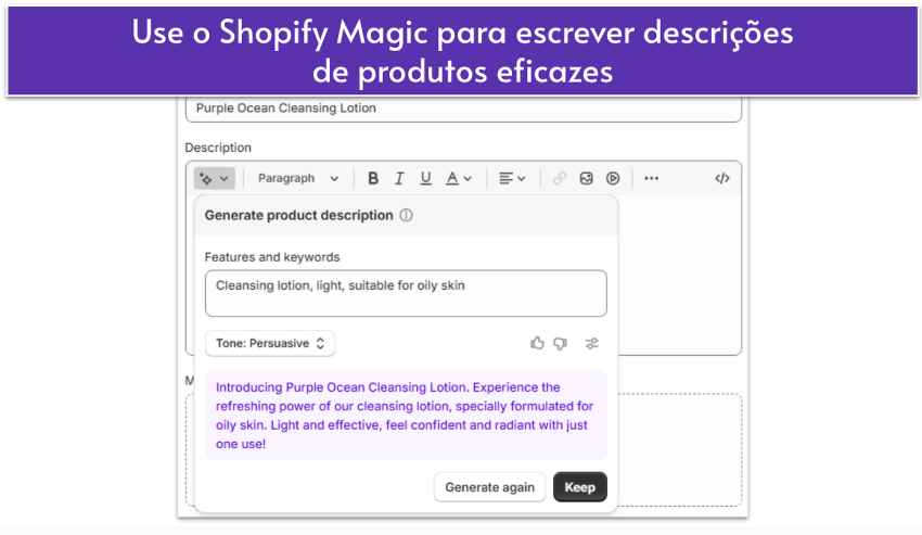 Shopify Magic UI showing AI-generated product description