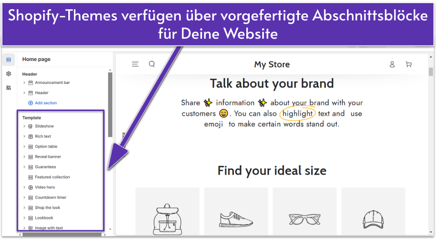 Shopify editor showing site's About page with template blocks highlighted