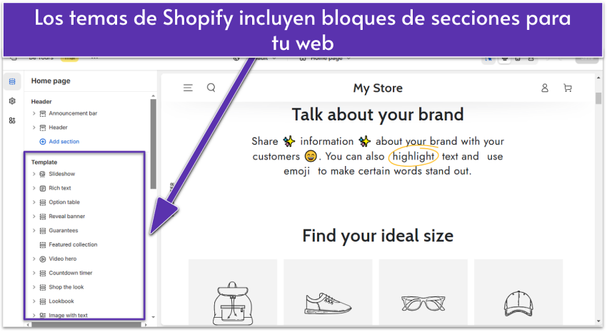 Shopify editor showing site's About page with template blocks highlighted