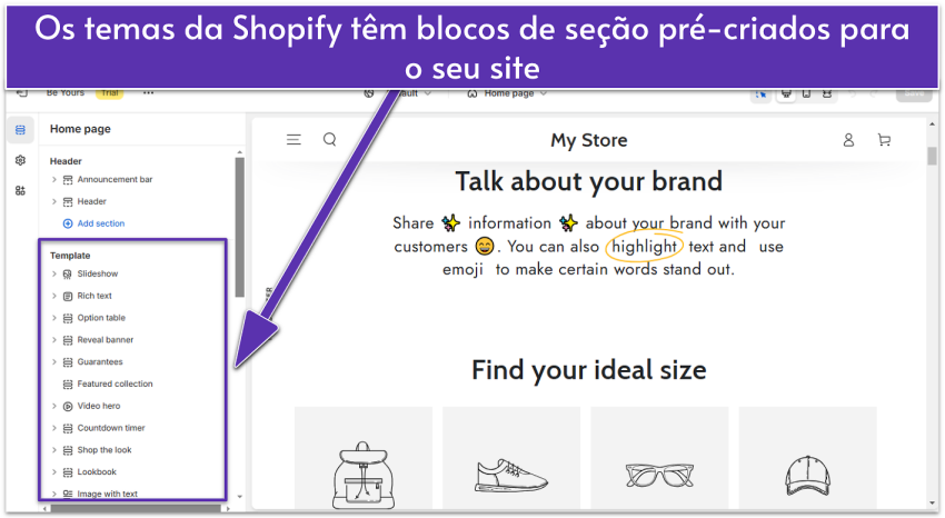 Shopify editor showing site's About page with template blocks highlighted