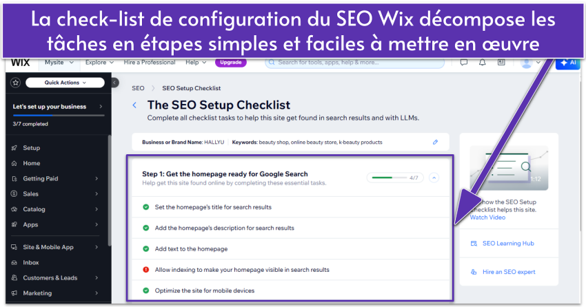 Wix dashboard showing SEO Setup Checklist with checklist tasks for homepage optimization