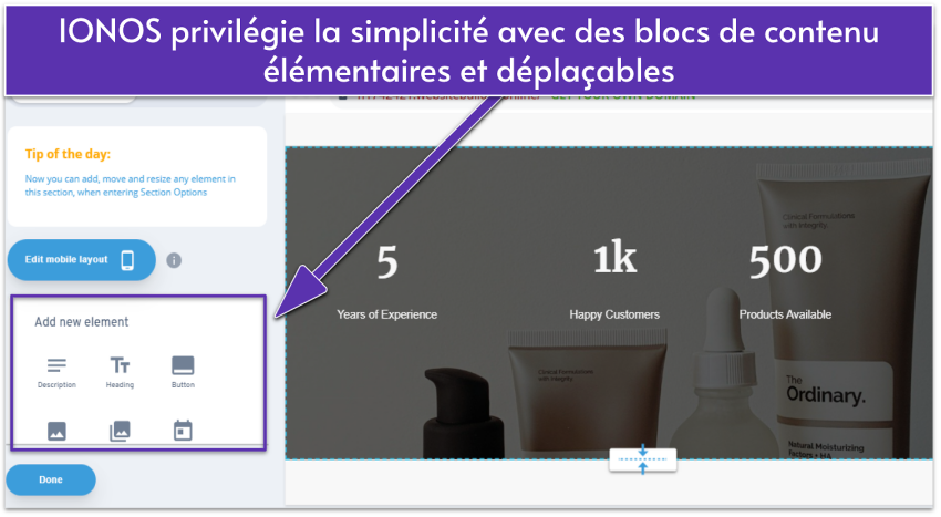 IONOS design editor showing section elements