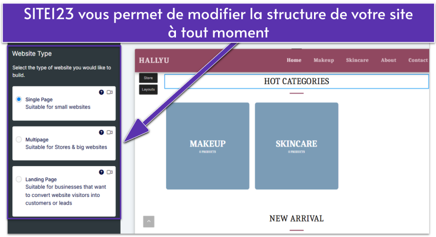 SITE123 editor showing website type settings