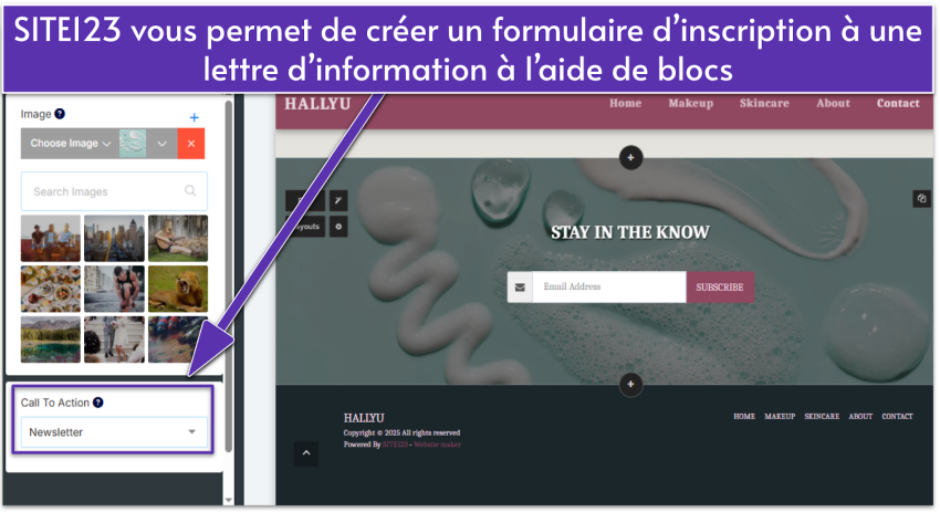 SITE123 editor showing a Promo layout with a newsletter button selected