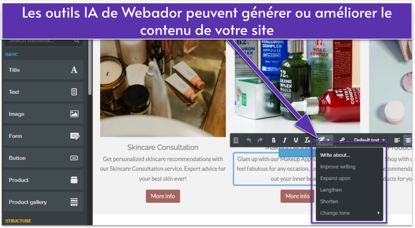 Webador editing interface showing AI writing tools