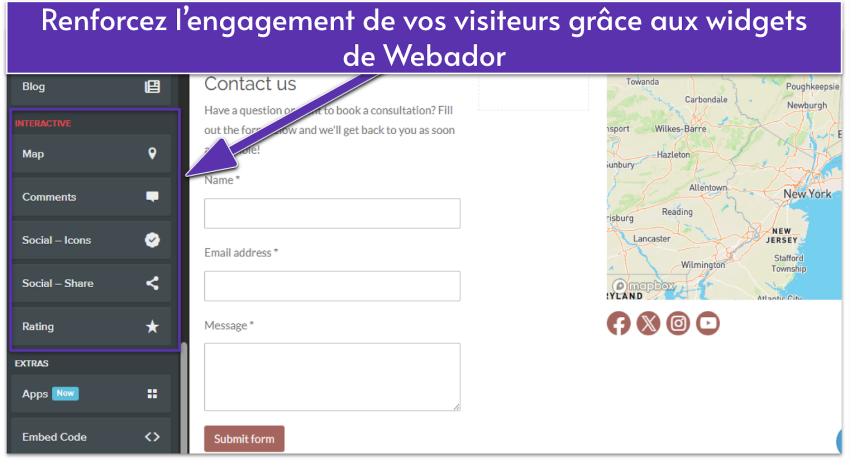 Webador editor showing a contact page with interactive widgets highlighted