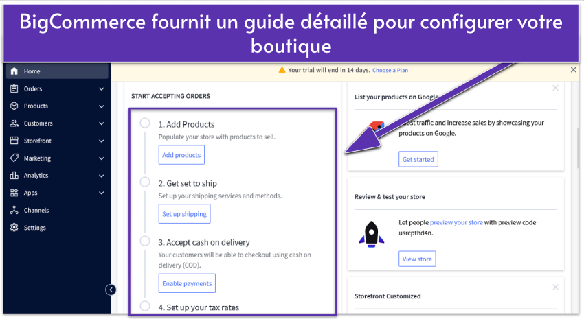 BigCommerce dashboard showing a setup checklist