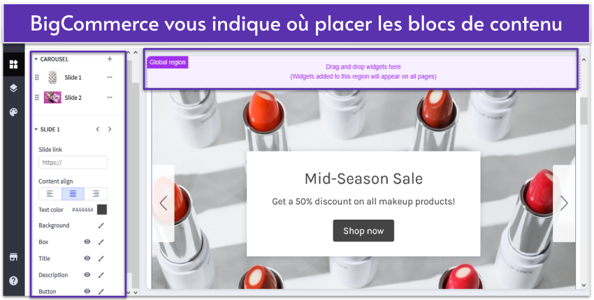 BigCommerce page builder showing homepage and site elements