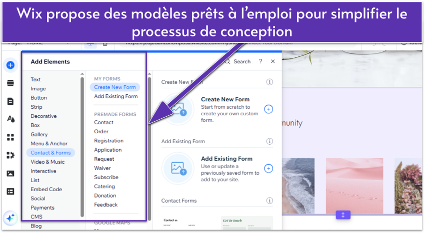 Wix editor showing a selection of site elements, focusing on contact form options