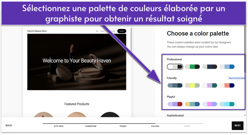 Squarespace Blueprint AI UI showing site color palettes