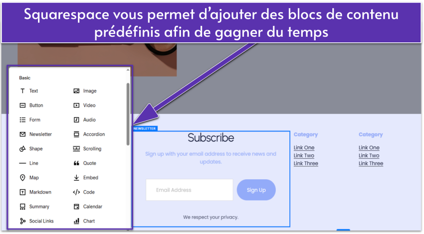 Squarespace editor showing a selection of basic content blocks