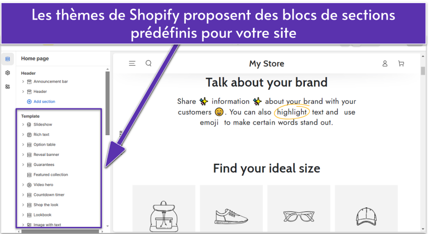 Shopify editor showing site's About page with template blocks highlighted