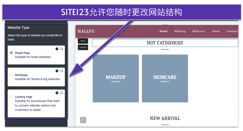 SITE123 editor showing website type settings