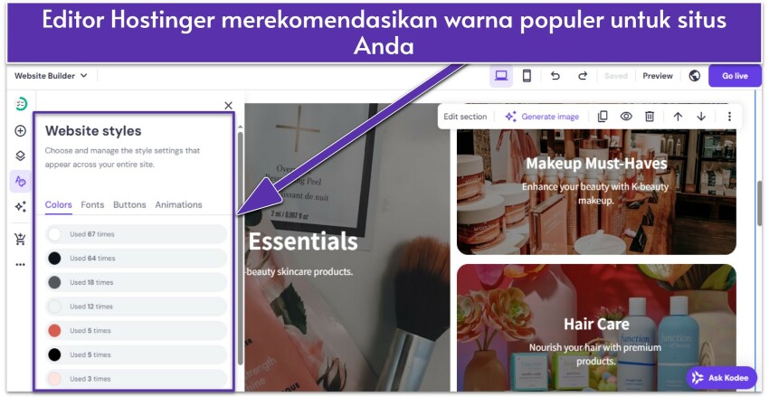 Hostinger-AI-builder-UI-showing-the-most-used-site-colors-id