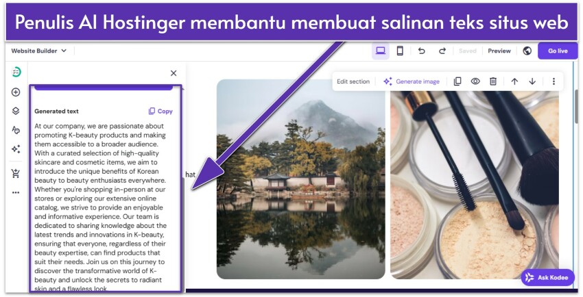 Hostinger-AI-builder-UI-showing-website-s-About-page-with-text-highlighted-id