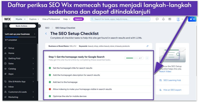 Wix dashboard showing SEO Setup Checklist with checklist tasks for homepage optimization