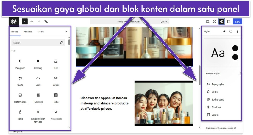 WordPress-com-Site-Editor-with-content-blocks-and-Style-settings-opened-id
