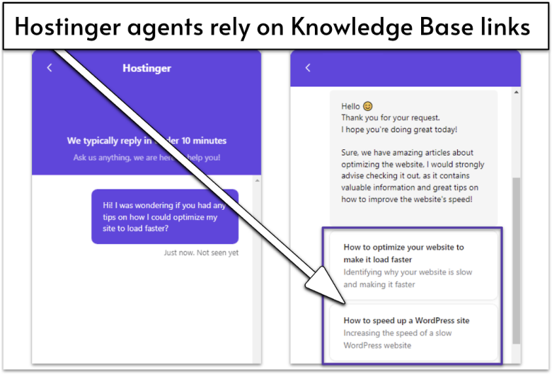 Hostinger live chat interaction.