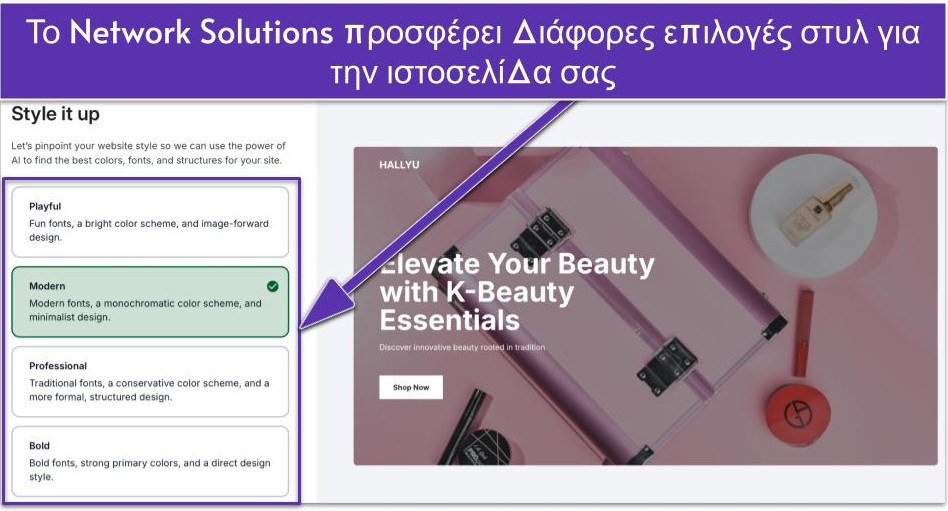Το Network Solutions προσφέρει διάφορες επιλογές στυλ για την ιστοσελίδα σας