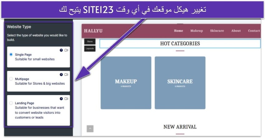 يتيح لك SITE123 تغيير هيكل موقعك في أي وقت
