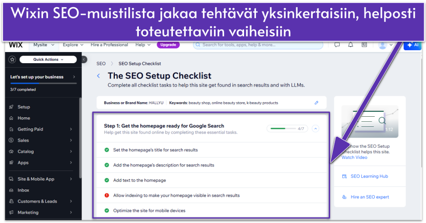 Wix dashboard showing SEO Setup Checklist with checklist tasks for homepage optimization