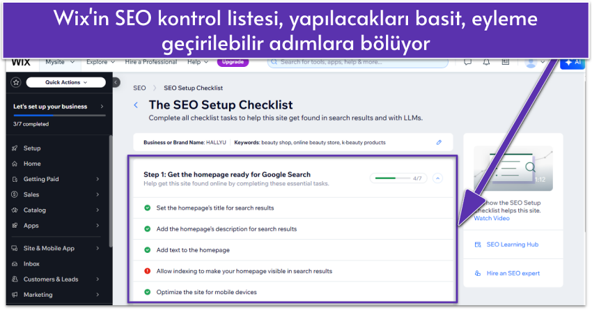 Wix dashboard showing SEO Setup Checklist with checklist tasks for homepage optimization