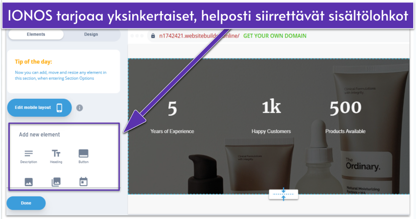 IONOS design editor showing section elements
