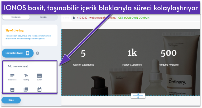 IONOS design editor showing section elements