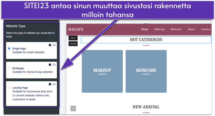 SITE123 editor showing website type settings