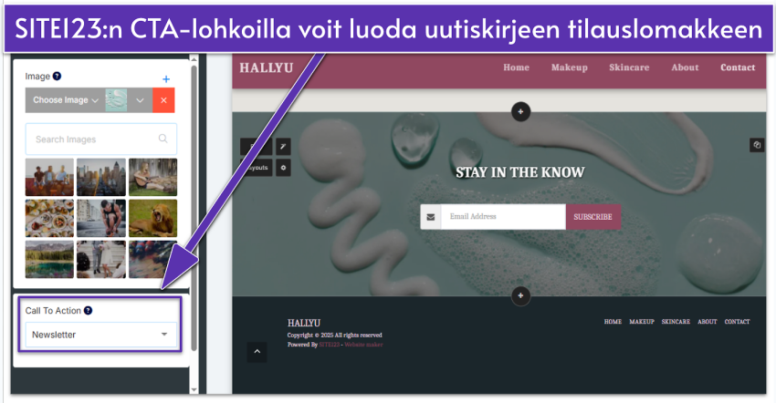 SITE123 editor showing a Promo layout with a newsletter button selected