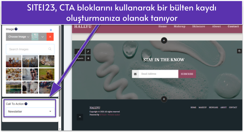 SITE123 editor showing a Promo layout with a newsletter button selected