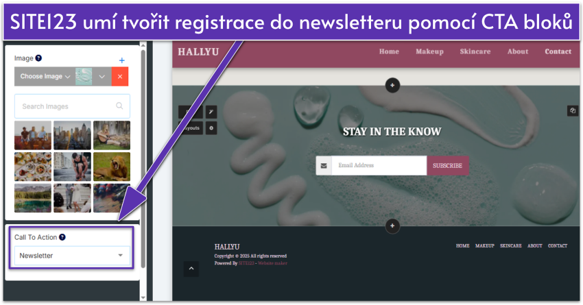 SITE123 editor showing a Promo layout with a newsletter button selected