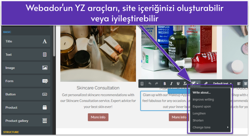 Webador editing interface showing AI writing tools