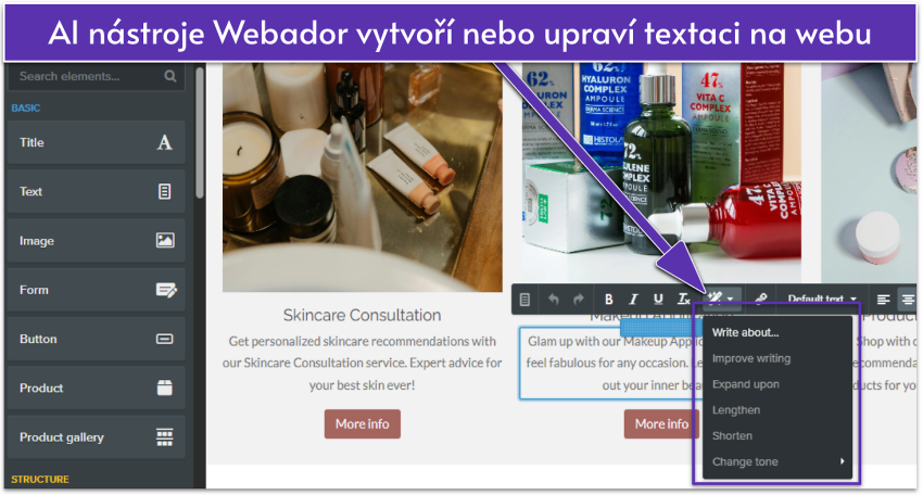 Webador editing interface showing AI writing tools