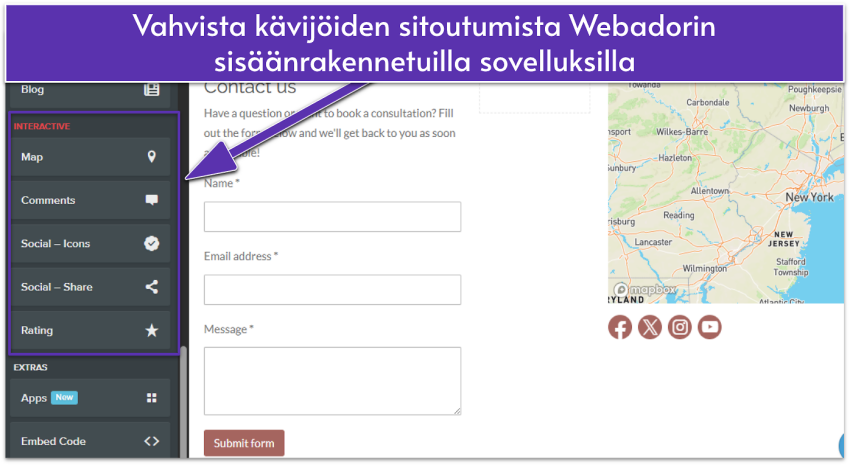 Webador editor showing a contact page with interactive widgets highlighted