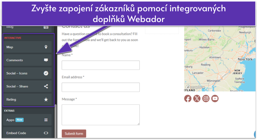 Webador editor showing a contact page with interactive widgets highlighted