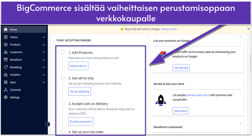 BigCommerce dashboard showing a setup checklist
