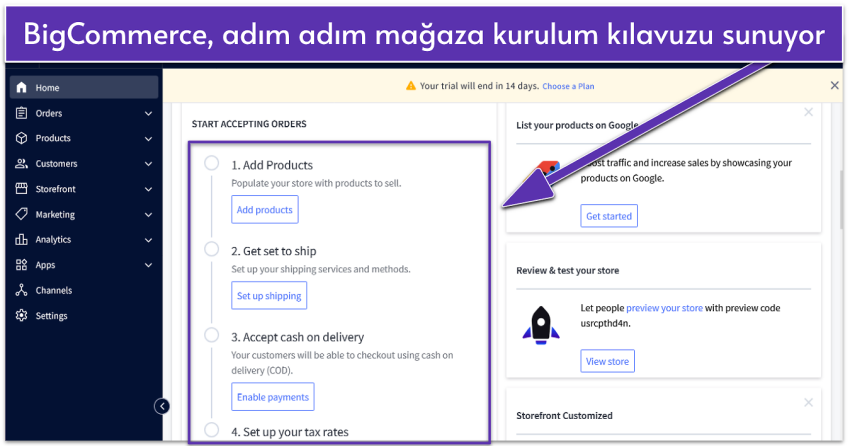 BigCommerce dashboard showing a setup checklist