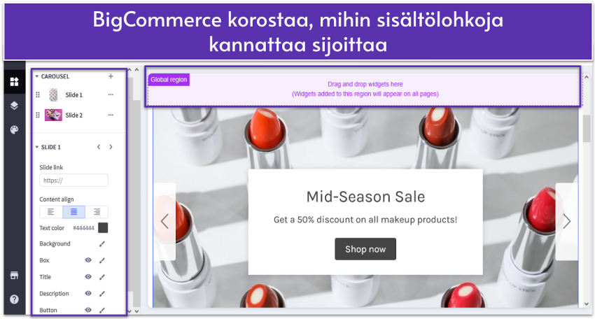BigCommerce page builder showing homepage and site elements