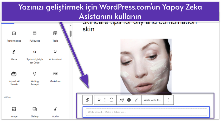 WordPress.com blog post UI showing content blocks with AI Assistant block selected