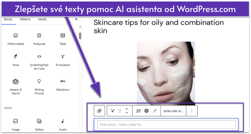 WordPress.com blog post UI showing content blocks with AI Assistant block selected