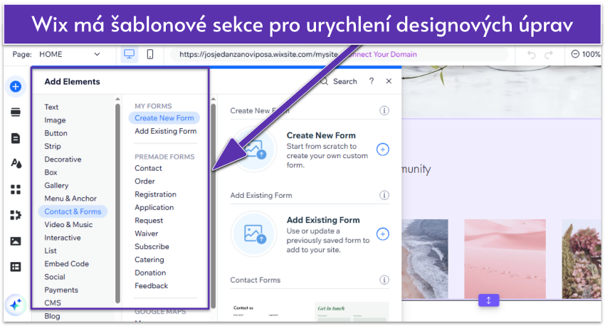 Wix editor showing a selection of site elements, focusing on contact form options