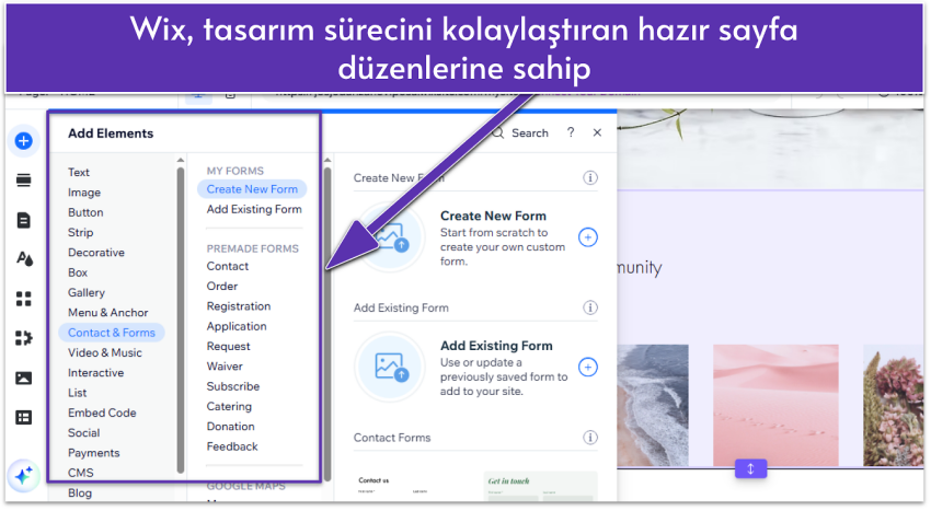 Wix editor showing a selection of site elements, focusing on contact form options