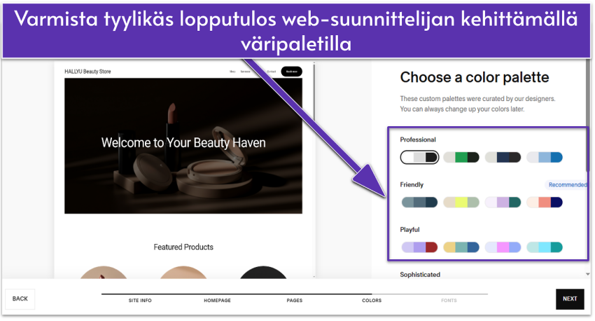 Squarespace Blueprint AI UI showing site color palettes