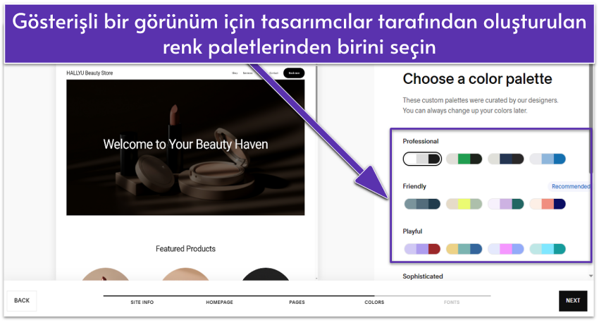Squarespace Blueprint AI UI showing site color palettes
