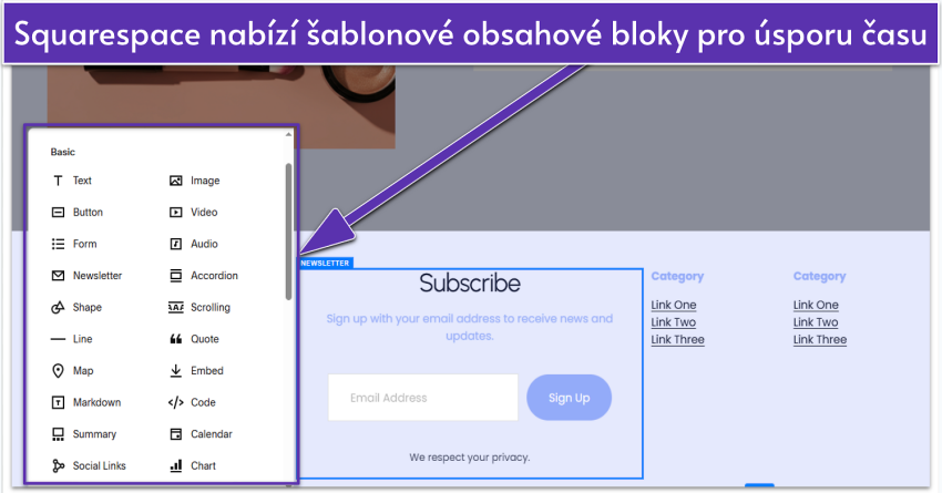 Squarespace editor showing a selection of basic content blocks