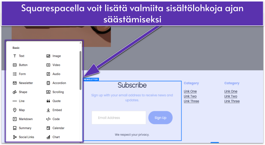 Squarespace editor showing a selection of basic content blocks