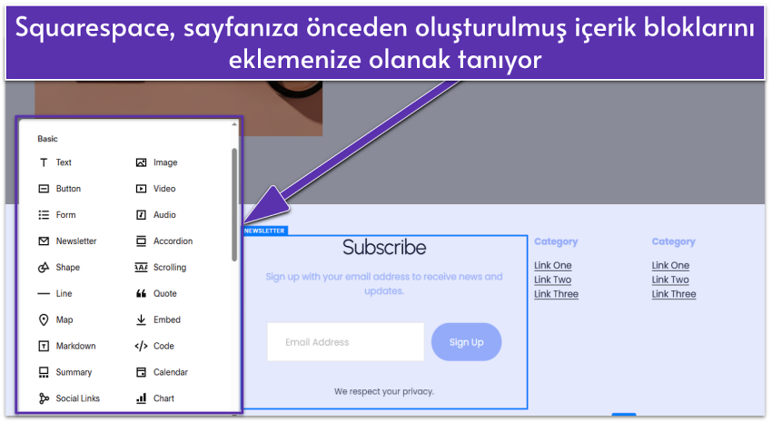 Squarespace editor showing a selection of basic content blocks
