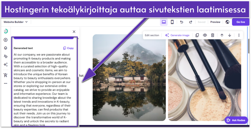 Hostinger AI builder UI showing website's About page with text highlighted