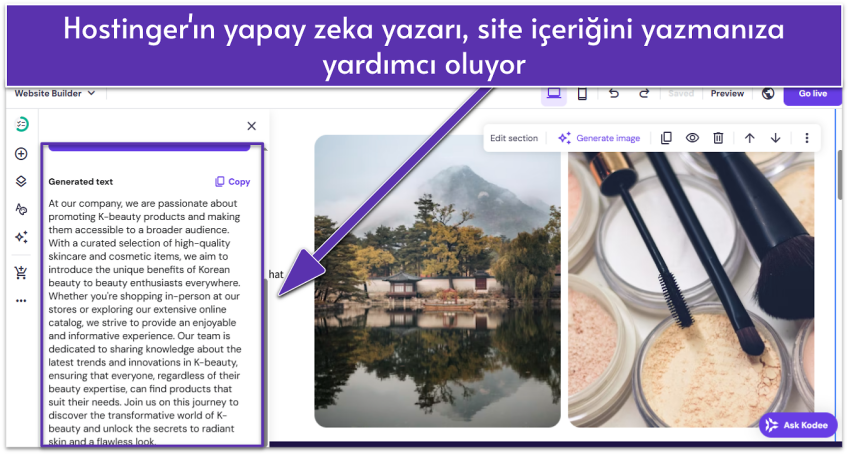 Hostinger AI builder UI showing website's About page with text highlighted
